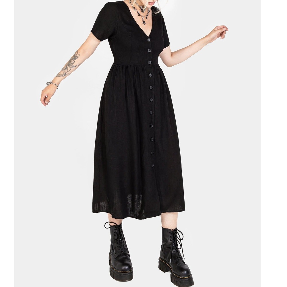 Disturbia SIze 14 Rowan Midaxi Dress Black Linen Blend Button Front Large Midi